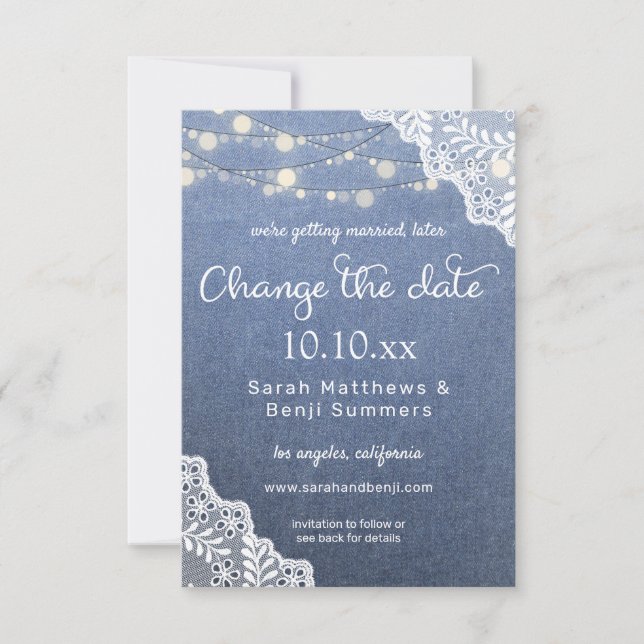 Jean Lace & String Lights- Change Date Small Save The Date (Front)