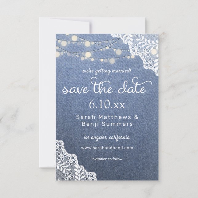 Jean Lace & String Lights Save The Date (Front)