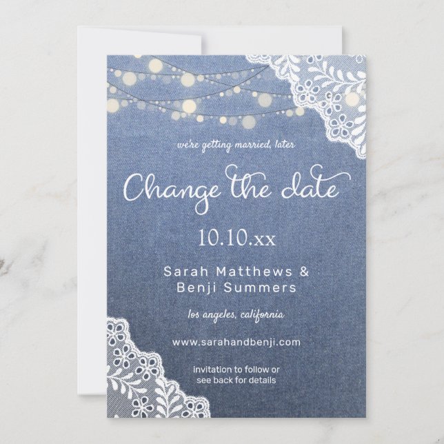 Jean Lace & String Lights Wedding Change the Date Invitation (Front)