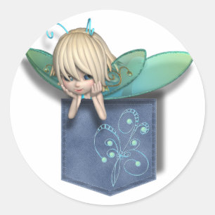 Jean Pocket Blue Green Fairy Classic Round Sticker