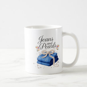Jeans and pearls stylish denim fashion bow ladies coffee mug
