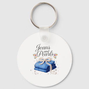 Jeans and pearls stylish denim fashion bow ladies key ring