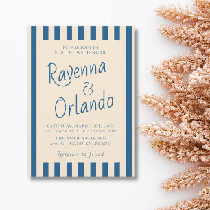 Jeans Blue & Ivory Stripes Retro Minimal Wedding Invitation