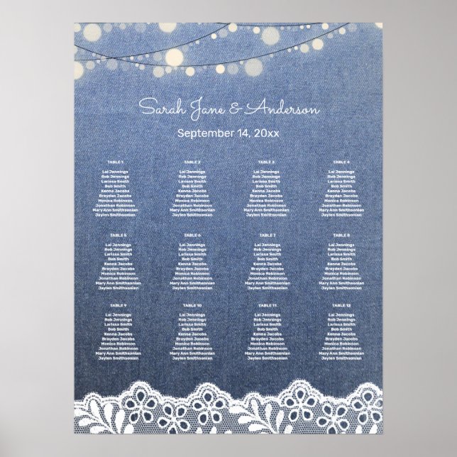 Jeans, Lace, String Lights Wedding Seating Chart (Front)