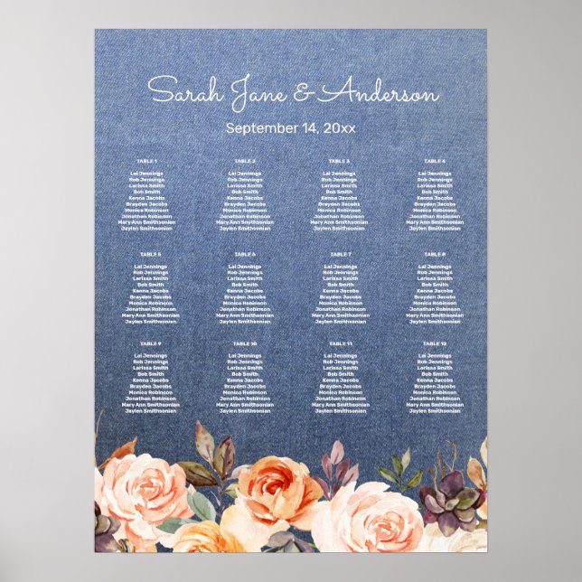 Jeans Lights, Blush & Peach Floral Seating Chart (Front)