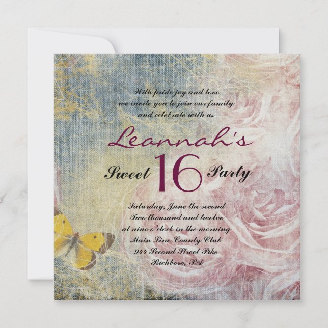 JEANS ROSES & BUTTERFLIES Sweet 16 Invitation (Front)