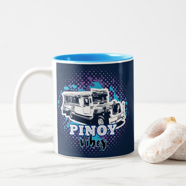 Jeepney Pinoy Vibes Blue Pink Two-Tone Coffee Mug (With Donut)