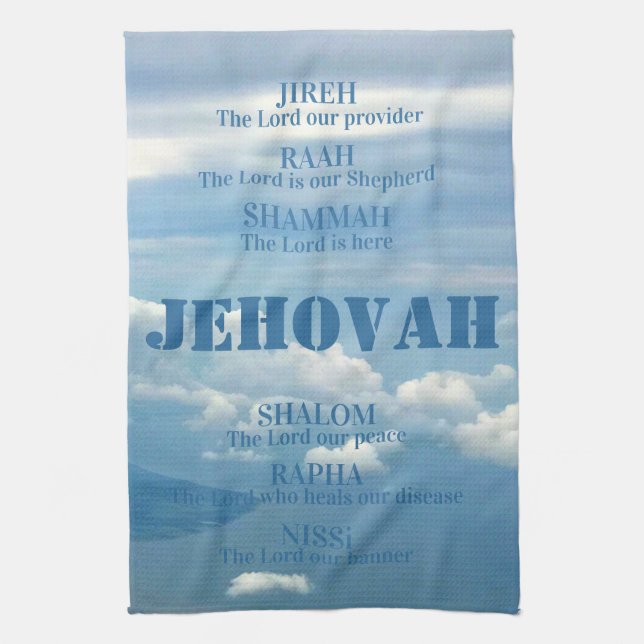 Jehova Jireh Shalom Rapha Blu Sky White Clouds Tea Towel (Vertical)