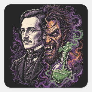 Jekyll and Hyde Split Face Horror Design Square Sticker