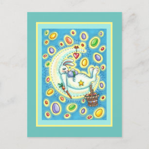 JELLY BEAN DREAMS, SLEEPY EASTER BUNNY ON MOON HOLIDAY POSTCARD