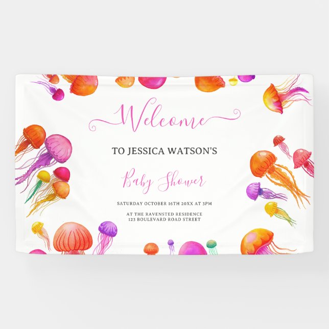 Jelly Fish Pink Yellow Gradient Pastel Baby Shower Banner (Horizontal)