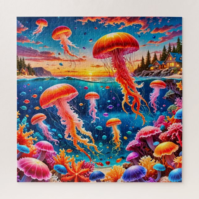 Jellyfish and colourful coral reef jigsaw puzzle (Vertical)