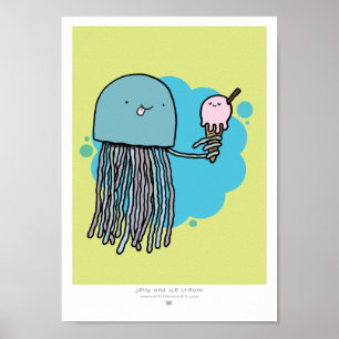 Jellyfish and ice cream A4 print Green background