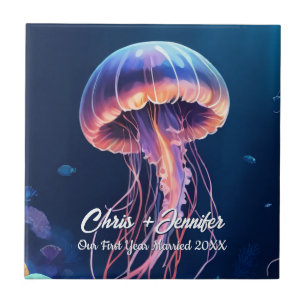 Jellyfish Art, Couple's names, Year Married Ceramic Tile