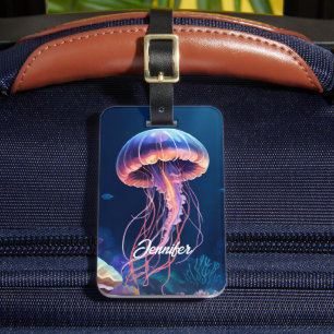 Jellyfish Art, White Script Name, Contact Info Luggage Tag