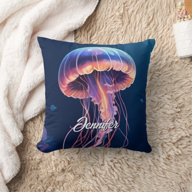 Jellyfish Art, White Script Name Cushion (Blanket)