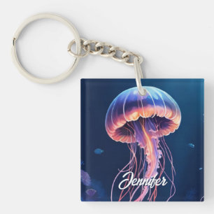 Jellyfish Art, White Script Name Key Ring