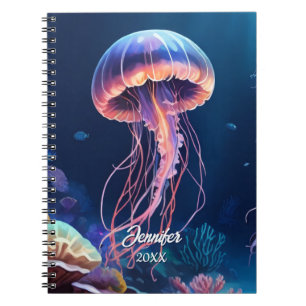 Jellyfish Art, White Script Name, Year Notebook