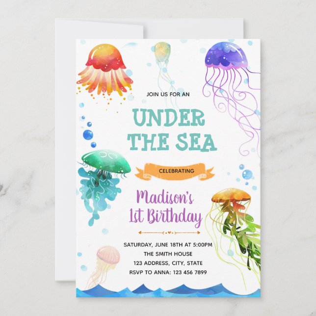Jellyfish birthday theme party invitation (Front)