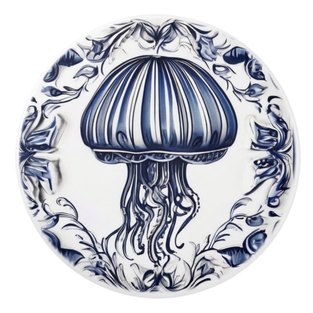 Jellyfish Blue and White Jelly Fish Ocean Marine Ceramic Knob (Front)