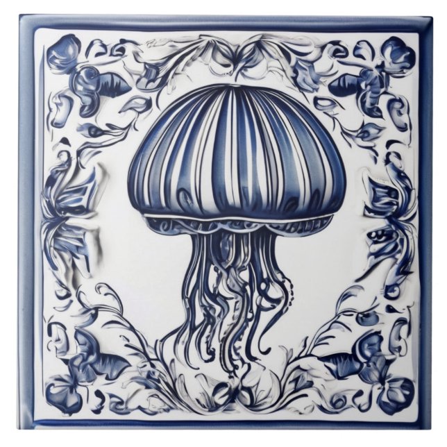 Jellyfish Blue and White Jelly Fish Ocean Marine Ceramic Tile (Front)