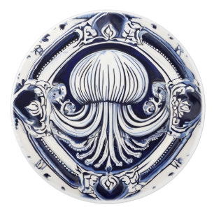Jellyfish Blue and White Sea Life Beach House Ceramic Knob