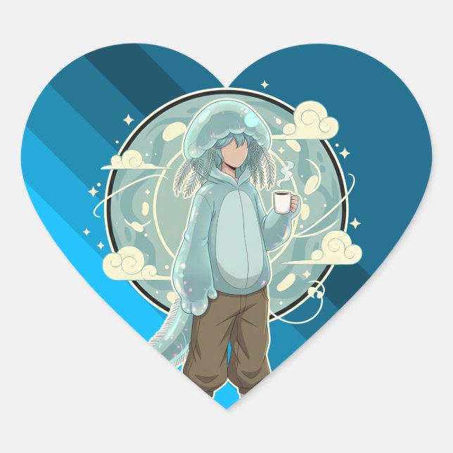 Jellyfish Boy Anime Coffee Art Heart Sticker (Front)