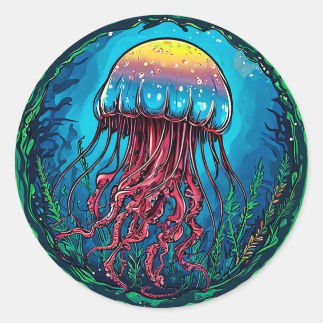 Jellyfish cartoon classic round sticker (Front)