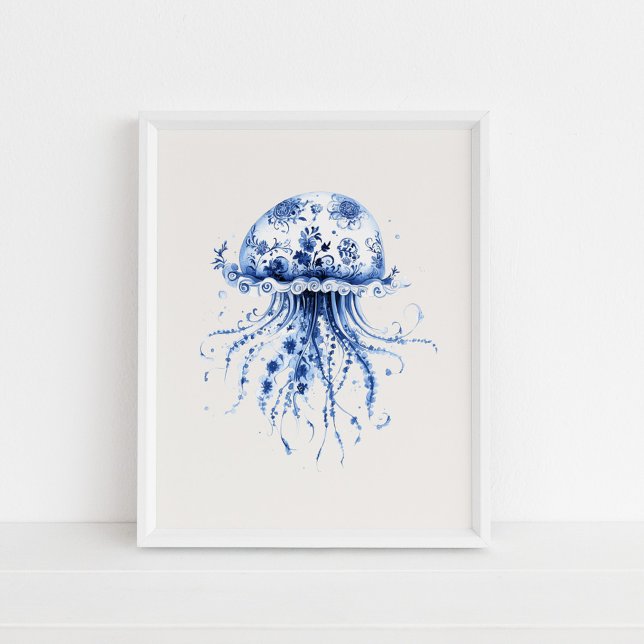 Jellyfish – Coastal Blue on Beige Wall Art (Jellyfish – Coastal Blue on Beige Wall Art in a white frame on the floor.)