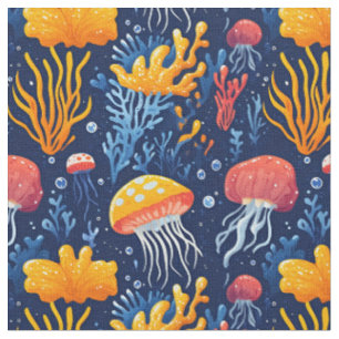 Jellyfish & Coral Reef on Blue Fabric