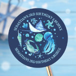 Jellyfish, Crab, Stingray Ocean Animals Watercolor Classic Round Sticker<br><div class="desc">This design features a hand painted stingray,  crab,  jellyfish,  starfish and shells on a dark blue background! Customise the text to say what you want! Ideal for an under the sea party. See the whole matching party collection!</div>