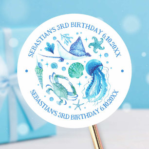 Jellyfish, Crab, Stingray Watercolor Ocean Animals Classic Round Sticker