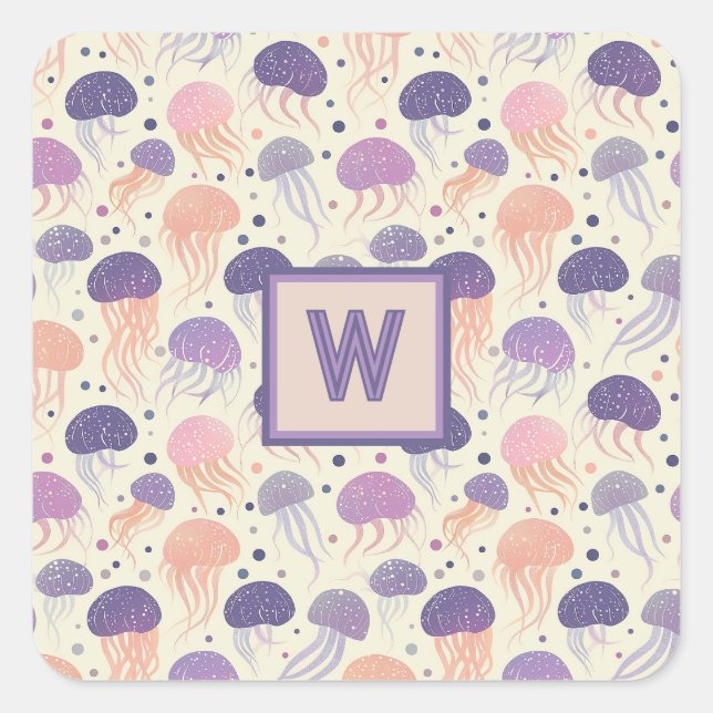 Jellyfish Cute Pastel Purple and Orange Monogram; Square Sticker (Front)