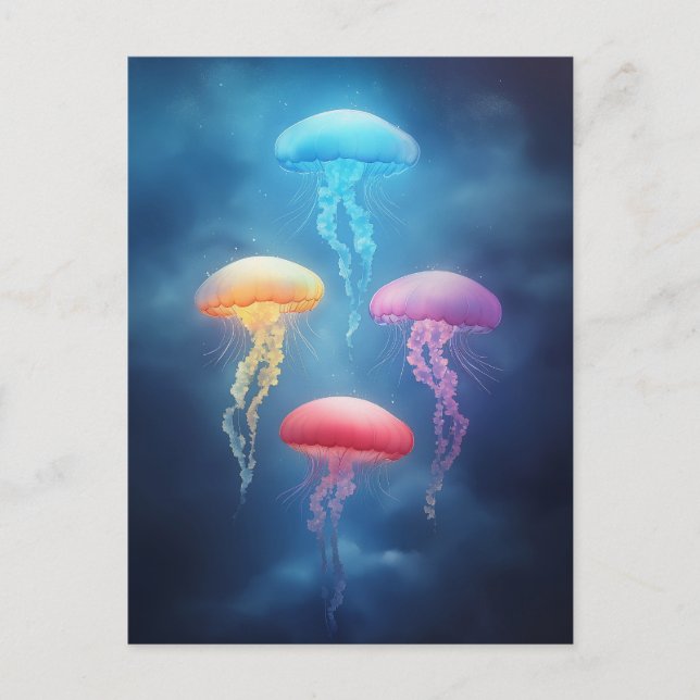 Jellyfish Glowing in Deep Blue Starry Galaxy Ocean Postcard (Front)