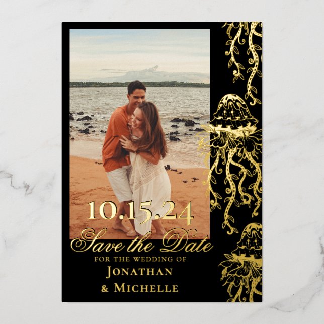 Jellyfish Gold Foil Beach Photo Save the Date (Front)