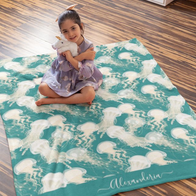 Jellyfish In Blue Ocean Summer Season Monogram Fleece Blanket (Creator Uploaded)