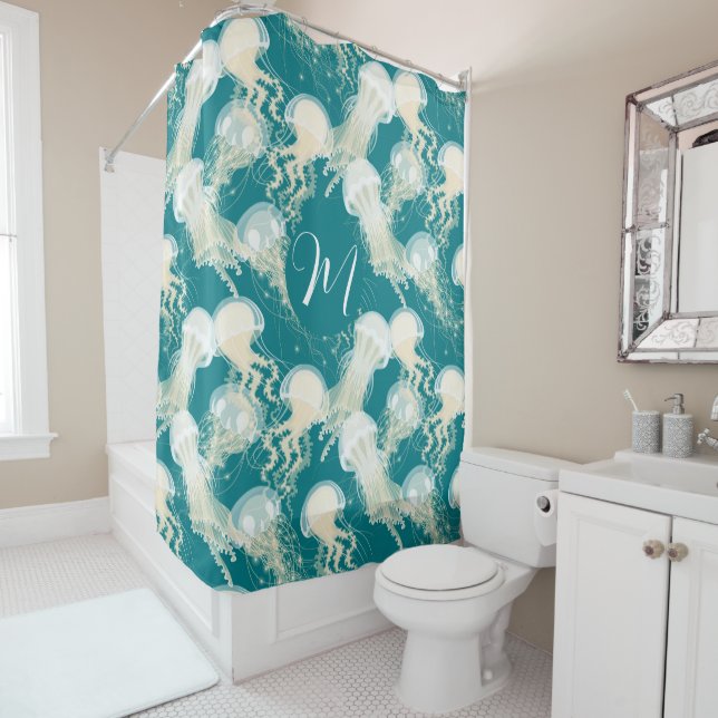 Jellyfish In Blue Ocean Summer Season Monogram Shower Curtain (In Situ)