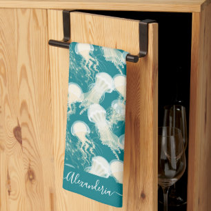Jellyfish In Blue Ocean Summer Season Monogram Tea Towel
