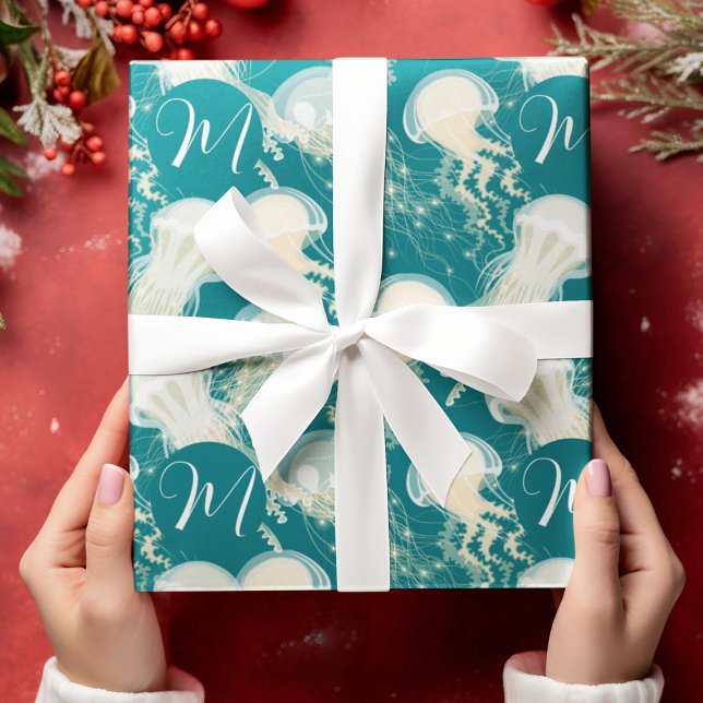 Jellyfish In Blue Ocean Summer Season Monogram Wrapping Paper (Creator Uploaded)