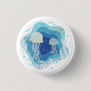 Jellyfish in Ocean Paper Art Illustration 3 Cm Round Badge