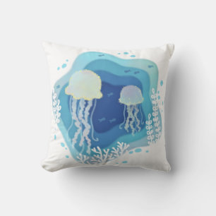 Jellyfish in Ocean Paper Art Illustration Cushion