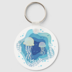 Jellyfish in Ocean Paper Art Illustration Key Ring