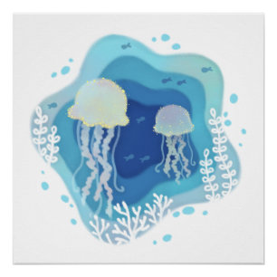 Jellyfish in Ocean Paper Art Illustration Poster