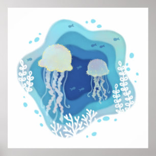 Jellyfish in Ocean Paper Art Illustration Poster