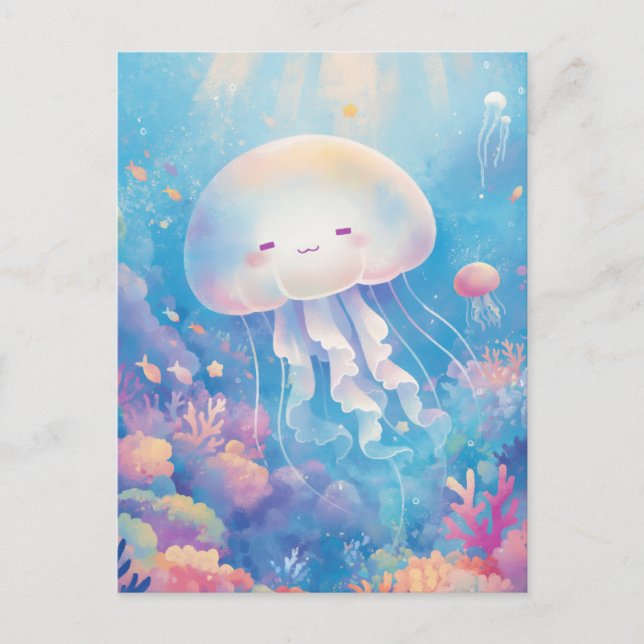 Jellyfish in Pastel Tropical Coral Reef and Ocean Postcard (Front)