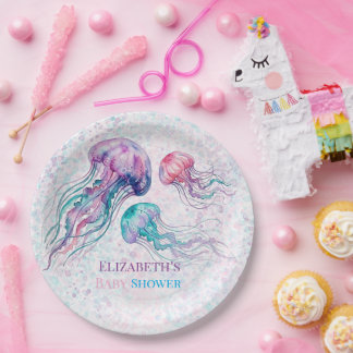 Jellyfish in Teal and Purple Girl Baby Shower Paper Plate