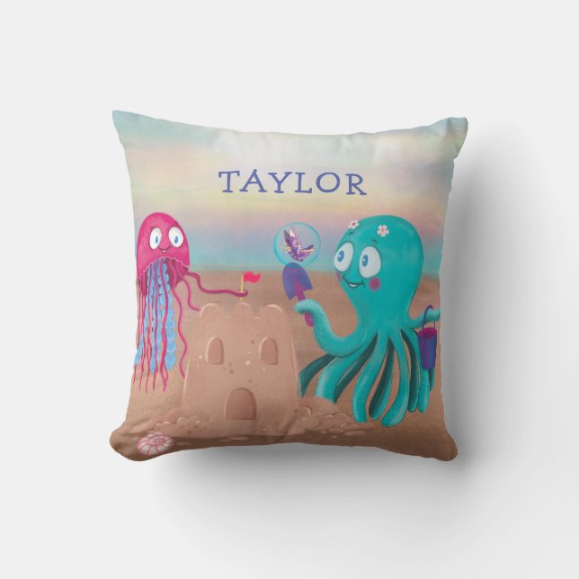Jellyfish & Octopus Cartoon  Throw Pillow (Front)