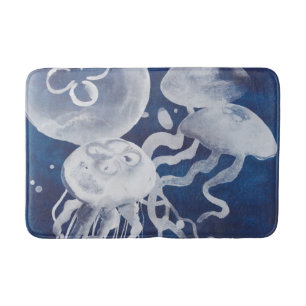 Jellyfish on Navy Background Bath Mat