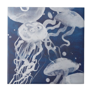 Jellyfish on Navy Background Ceramic Tile