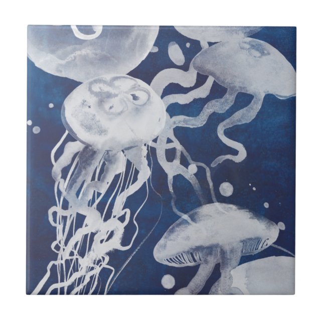 Jellyfish on Navy Background Ceramic Tile (Front)